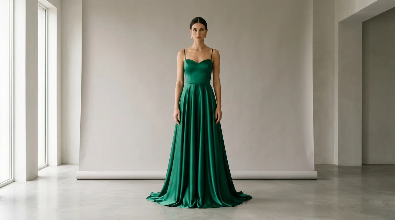 A woman stands in a light grey studio wearing a floor-length emerald green satin evening dress.