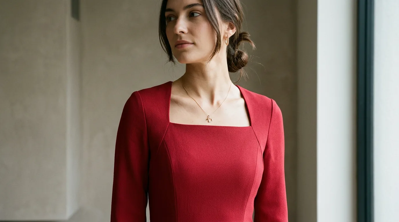 Close-up of a crimson red crepe dress showing a tailored square neckline and matte fabric texture.