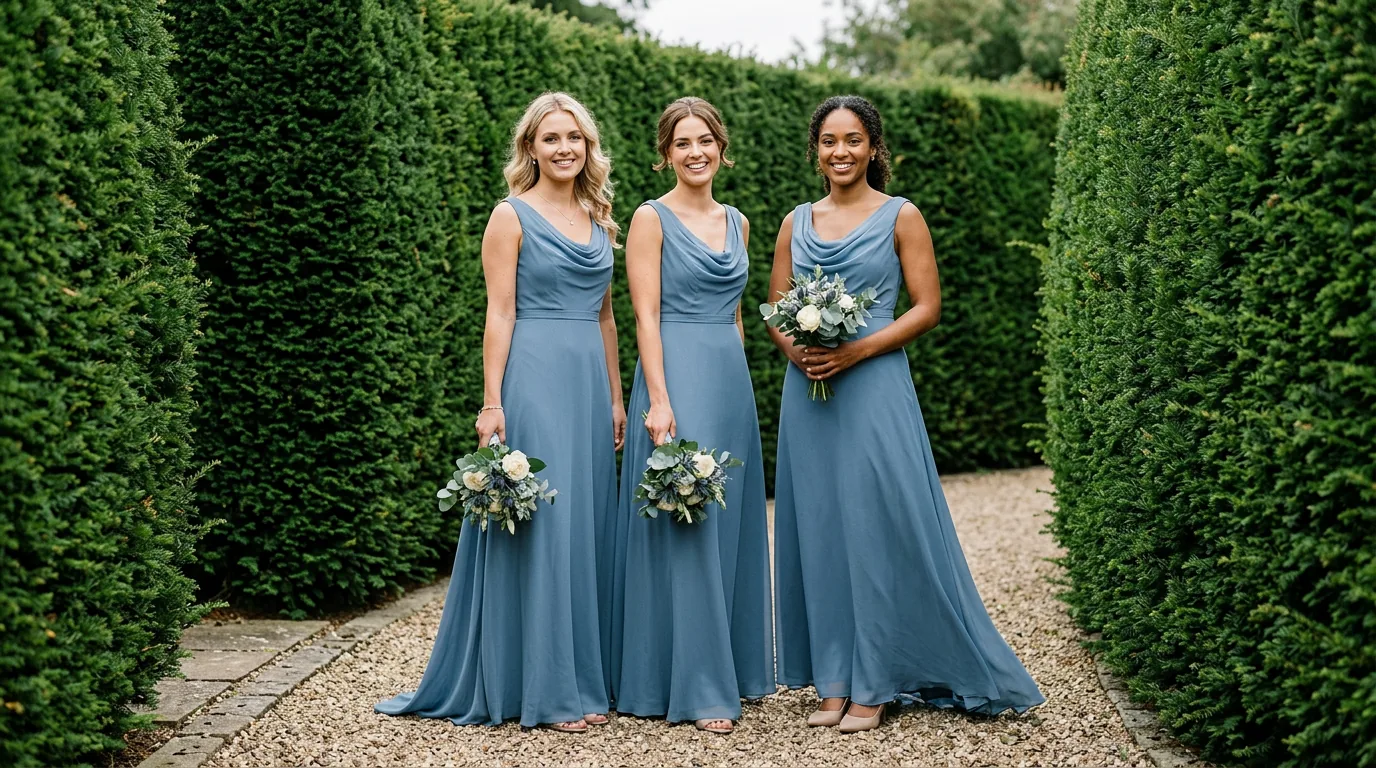 Three bridesmaids standing together outdoors in matching floor-length dusty blue chiffon dresses.