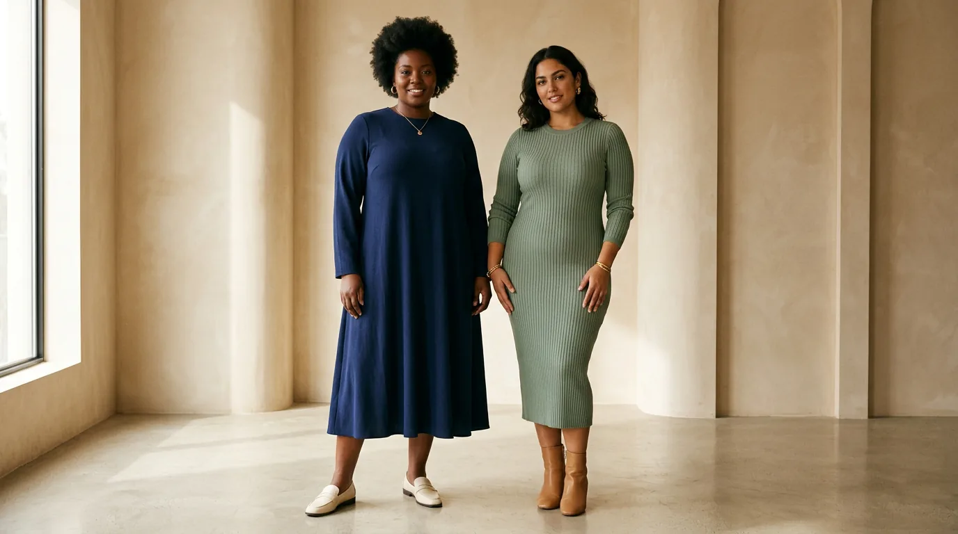 Two women of different body sizes standing in a studio wearing navy and sage green midi dresses.