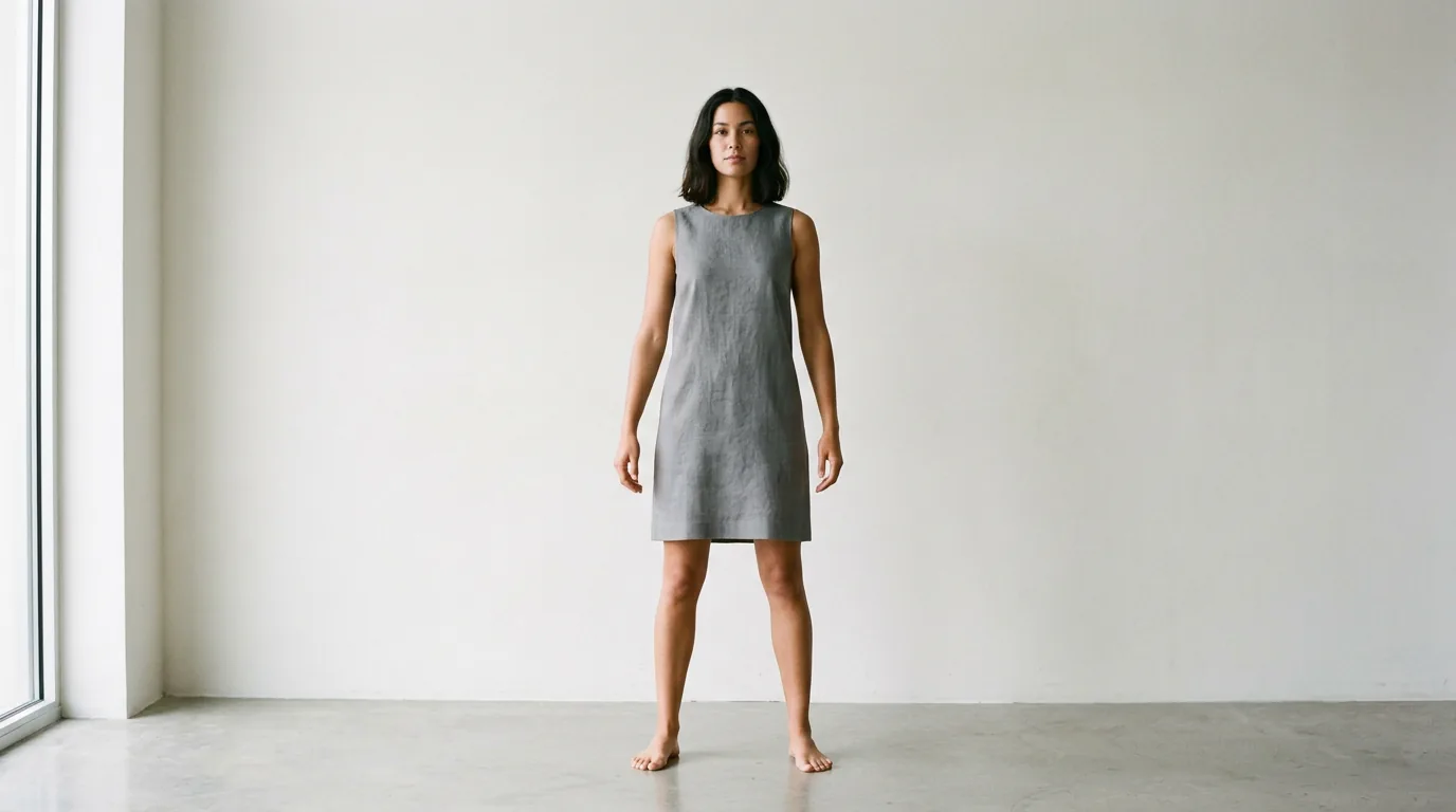A woman posing in a simple grey shift dress with arms held away from her sides against a plain off-white wall.