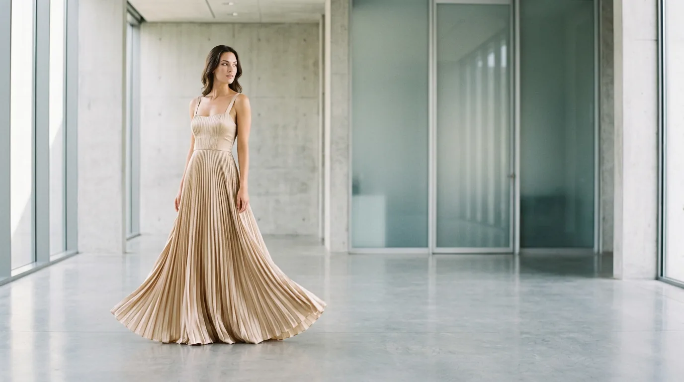 A woman in a champagne pleated gown standing in a spacious modern interior framed in a wide shot.