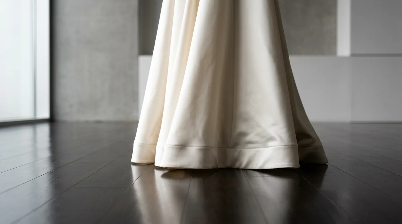 Close-up of an ivory satin dress hem showing a sharp, clear edge against a dark polished wood floor.