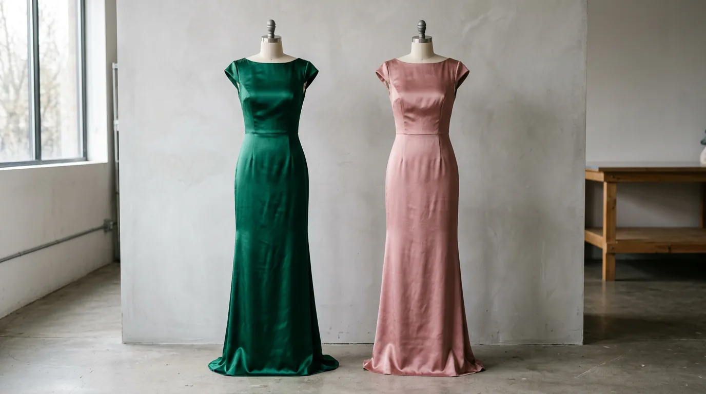 Two identical column dresses displayed on mannequins side by side in emerald green and dusty rose.