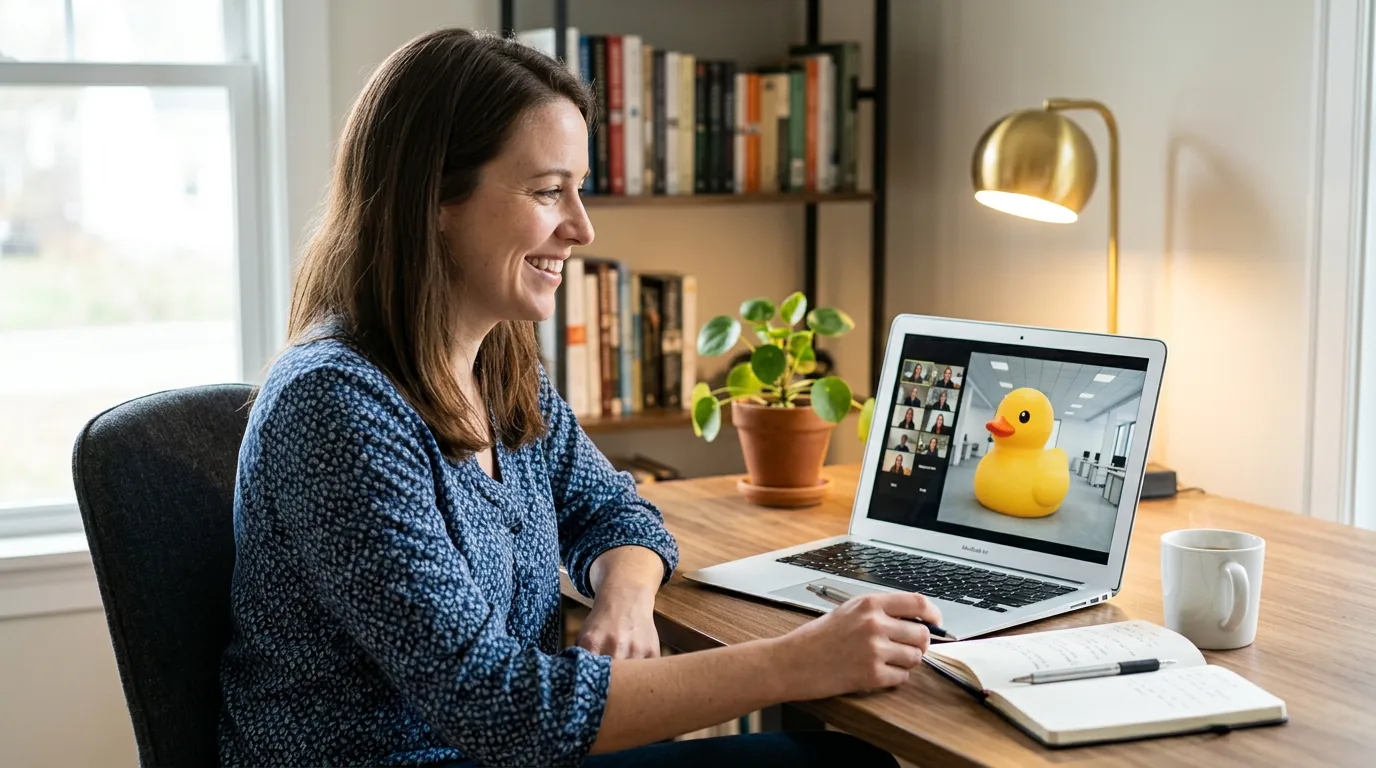 A woman working at a home desk smiling at an open laptop displaying a video call with a colorful custom background.