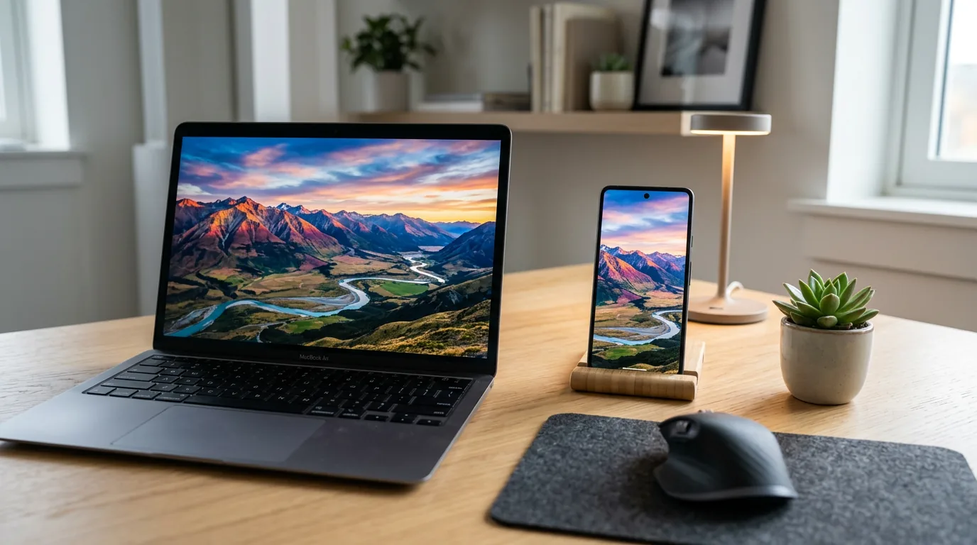 A widescreen laptop and a vertical smartphone side by side on a desk, showing horizontal and vertical screen aspect ratios.