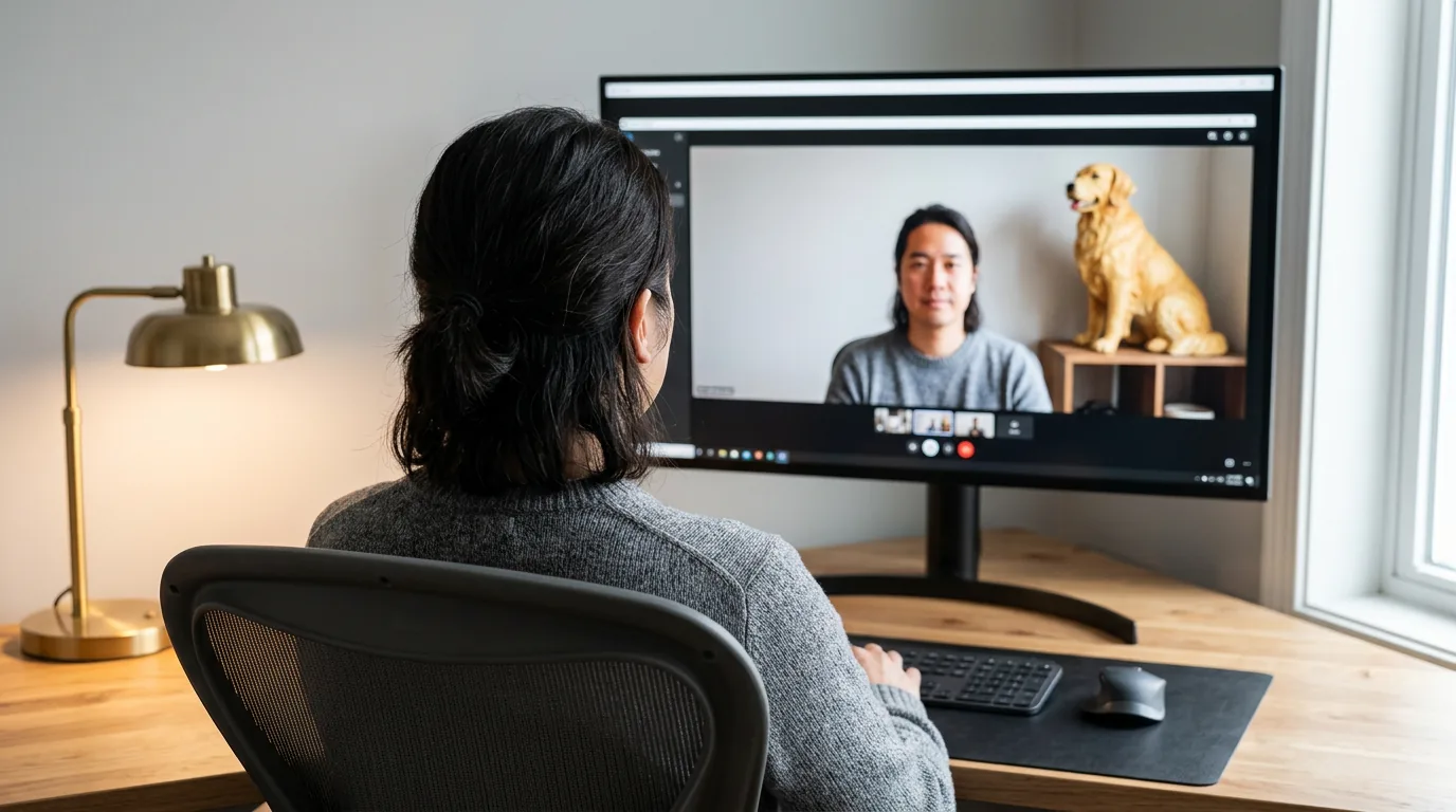 An over-the-shoulder view of a computer monitor showing a video feed with an open center and decorative detail placed to the side.