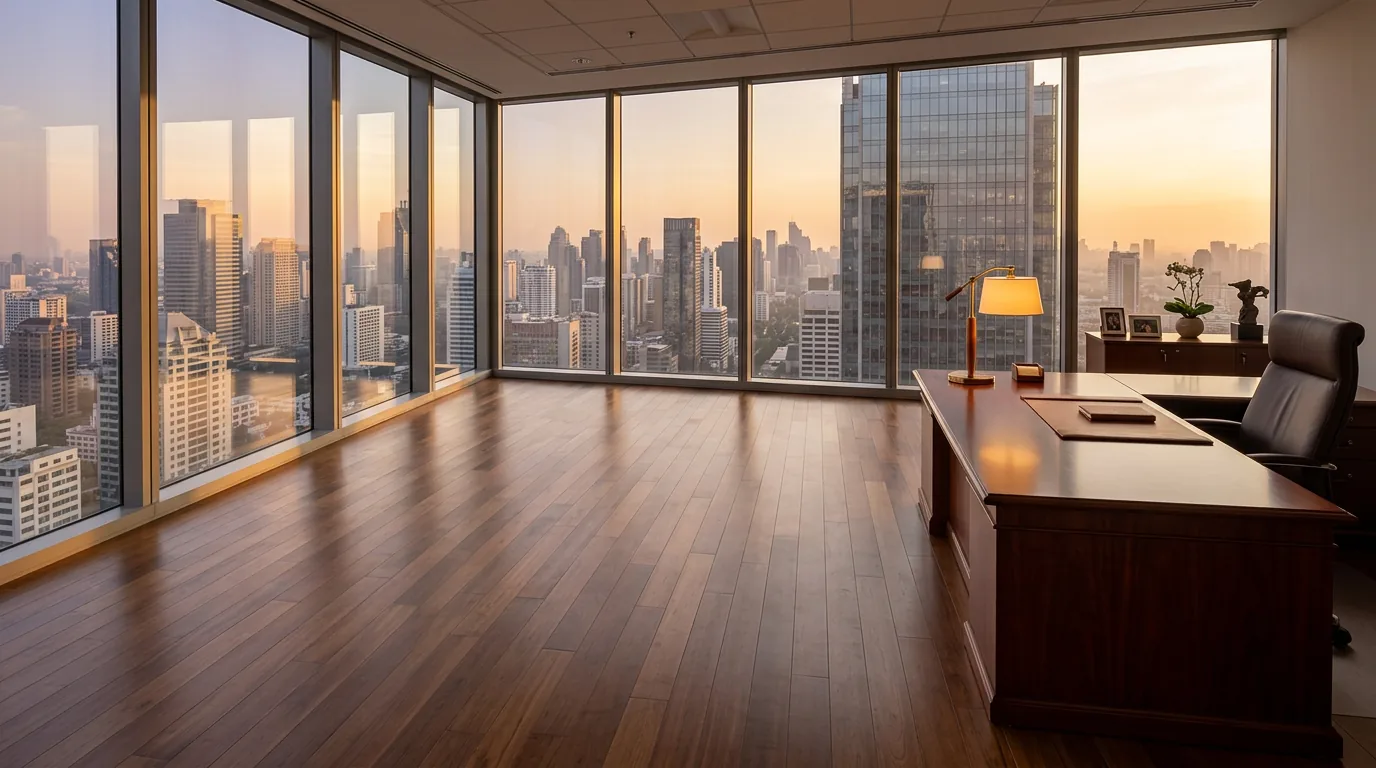 A spacious luxury corner office with city views, featuring a desk pushed to the far right and a large empty floor in the center.