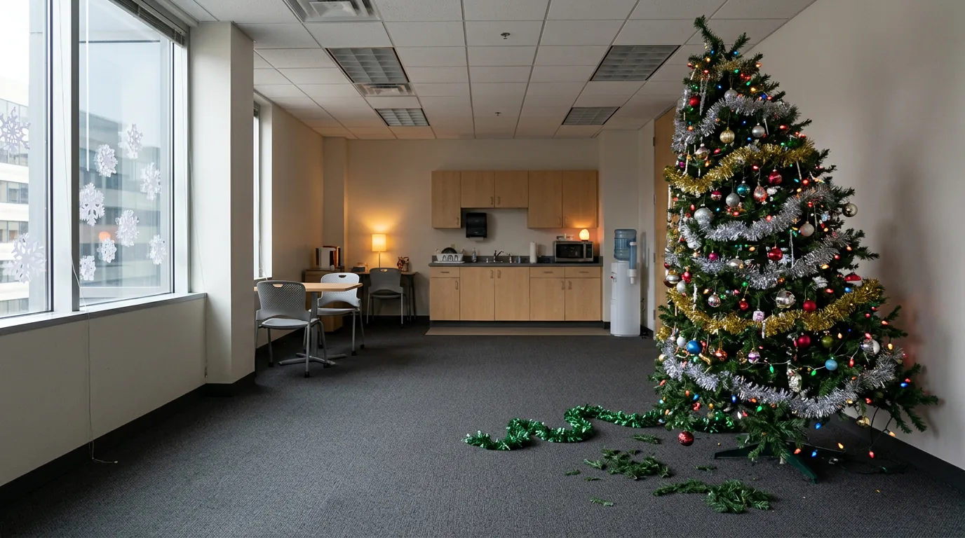 An office break room decorated for the holidays with an artificial tree on the right and an open central floor area.