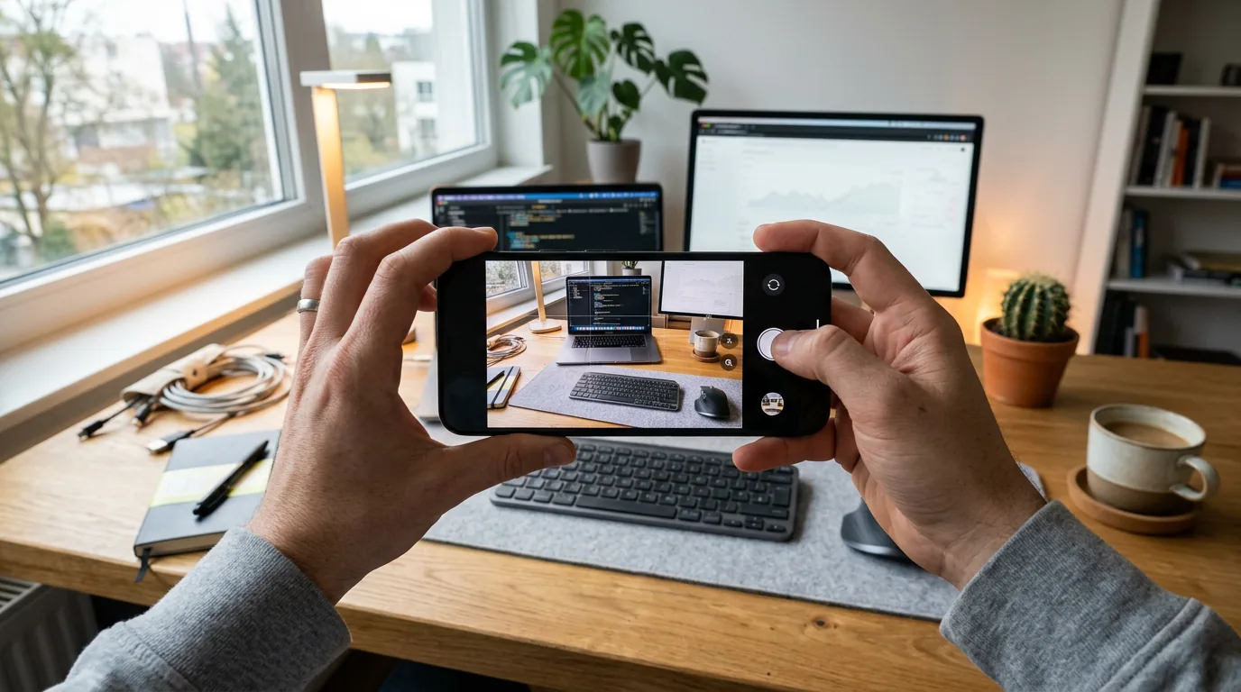 A person holding a smartphone horizontally above a desk, framing a photo of the computer setup on the phone screen.