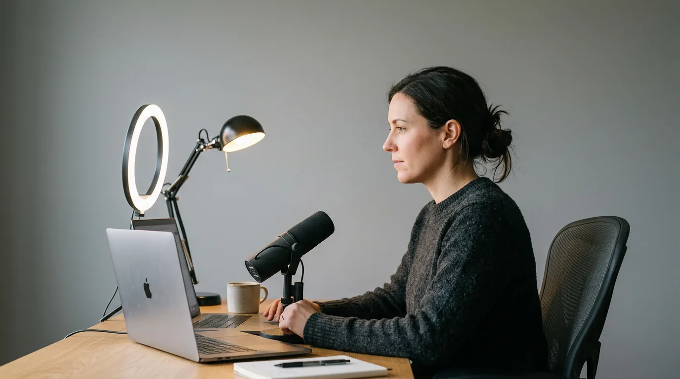 A desk setup showing a ring light illuminating a seated person's face from the front against a plain back wall.